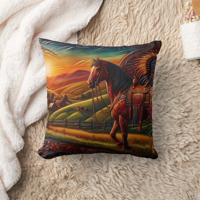 Majestic Horse in Colourful Sunset Landscape Cushion (Blanket)