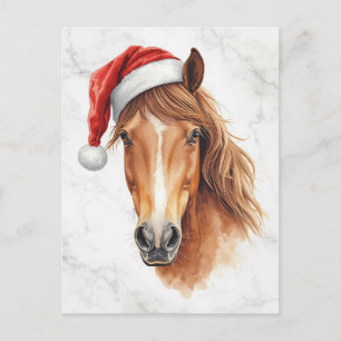 Majestic Horse in Santa Hat Watercolor Holiday Postcard
