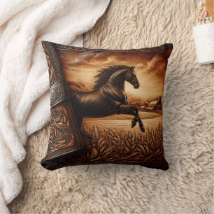 Majestic Horse Running Through Field at Dusk Cushion