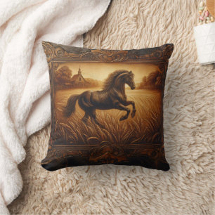 Majestic Horse Running Through Golden Fields Cushion
