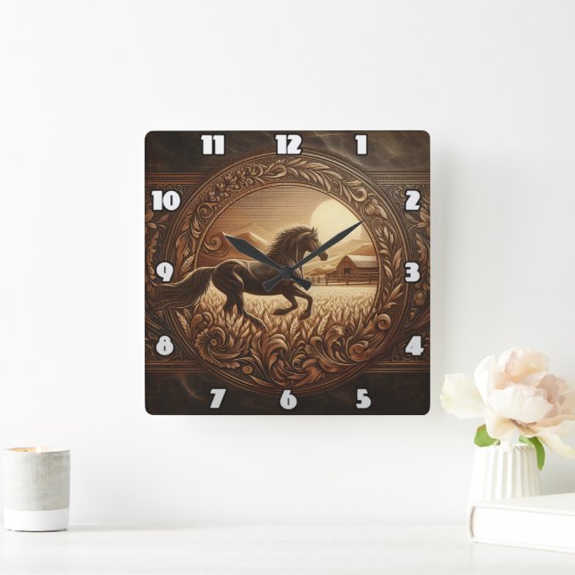Majestic Horse Running Through Golden Fields Square Wall Clock (Home)