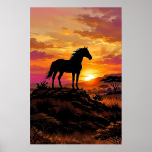 Majestic Horse Silhouette at Sunset Poster   Elega