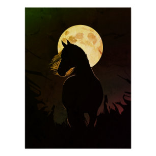Majestic Horse Silhouette Under Full Moon Poster