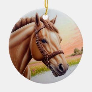 Majestic Horse Standing in Vibrant Meadow Ceramic Ornament