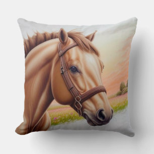 Majestic Horse Standing in Vibrant Meadow Cushion