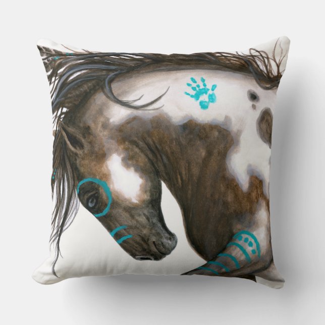 Majestic Horse Teal War Paint by BiHrle Pillow (Front)