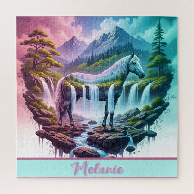 Majestic Horse Waterfall Purple Pink Turquoise Jigsaw Puzzle (Vertical)
