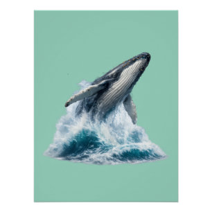 Majestic Humpback Whale Breaching Ocean Teal Wall Poster