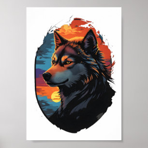 Majestic Husky Against a Sunset Sky Serenity View Poster