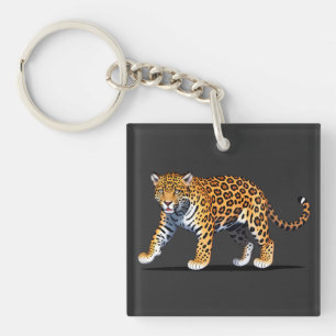 Majestic Jaguar Illustration with Vibrant Fur Patt Key Ring
