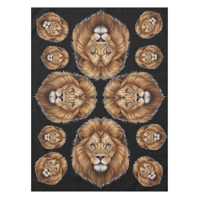 Majestic King Lion Head Mane on Black Party Tablecloth (Front)