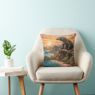 Majestic Komodo Dragon Overlooking Pink Beach Cushion