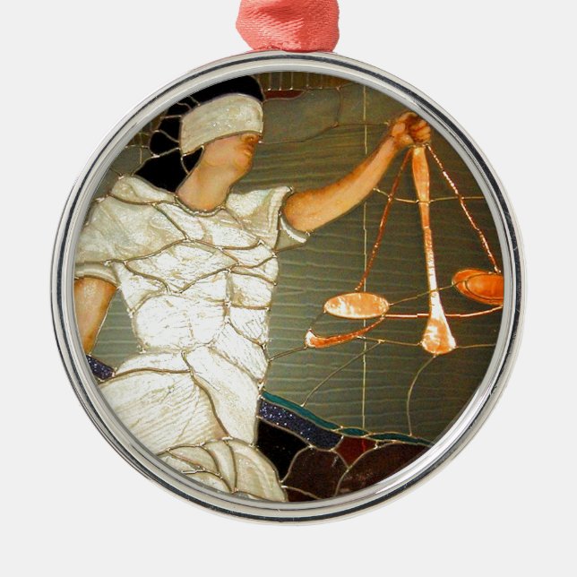 Majestic Lady Justice in Stained Glass Design Metal Ornament (Front)