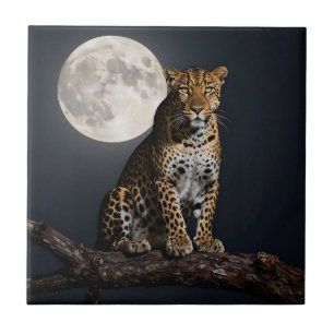Majestic Leopard and Full Moon Ceramic Tile