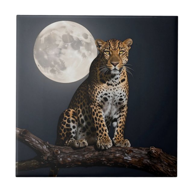 Majestic Leopard and Full Moon   Ceramic Tile (Front)