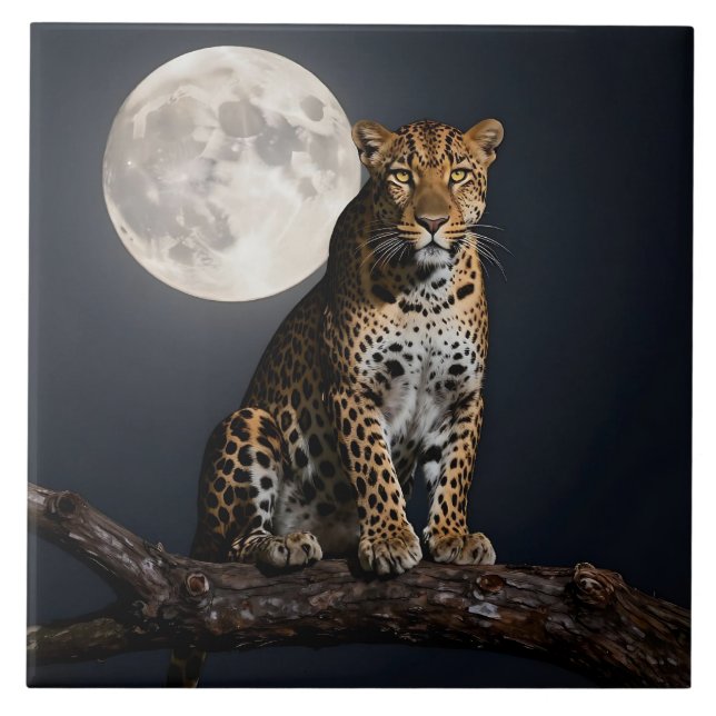 Majestic Leopard and Full Moon   Ceramic Tile (Front)