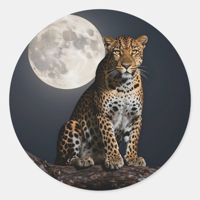 Majestic Leopard and Full Moon   Classic Round Sticker (Front)