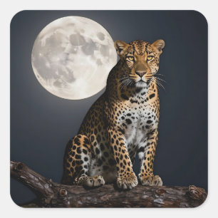 Majestic Leopard and Full Moon   Square Sticker