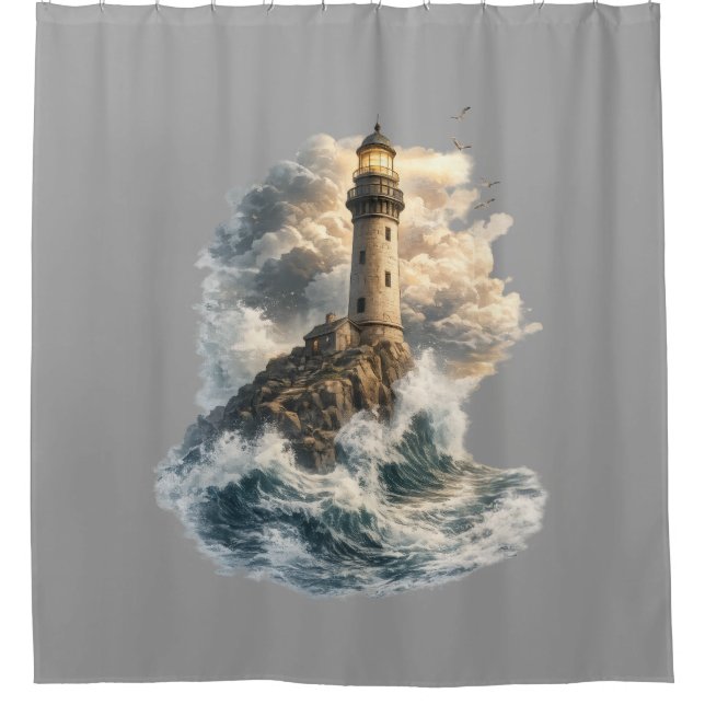 Majestic Lighthouse Ocean Wave Shower Curtain (Front)