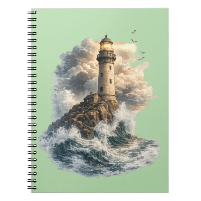 Majestic Lighthouse Ocean Wave Spiral Notebook (Front)