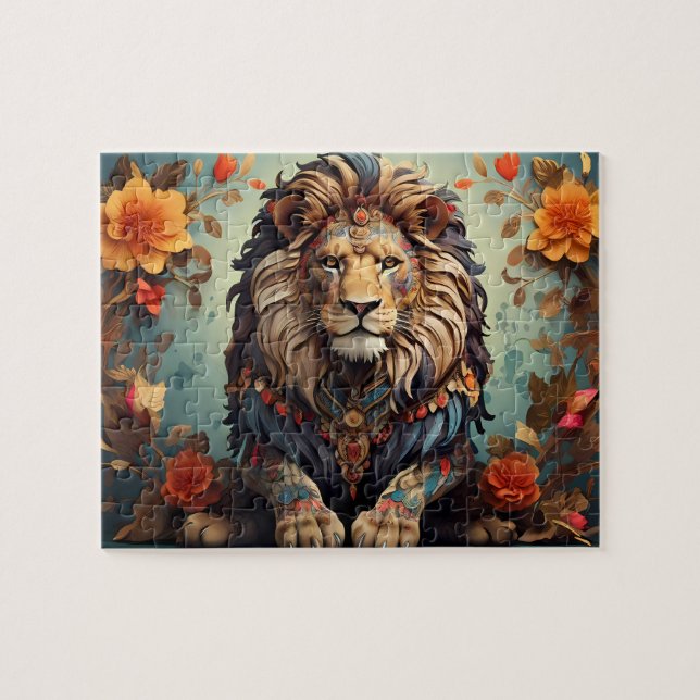 Majestic lion amongst flowers  jigsaw puzzle (Horizontal)