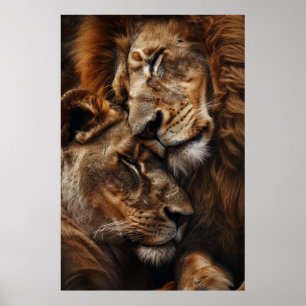 Majestic Lion and Lioness Cuddling Photorealism St Poster