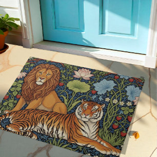 Majestic Lion and Tiger Art, Jungle, Lotus, Animal Doormat