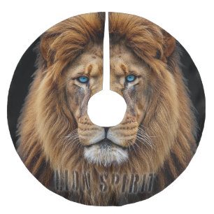 Majestic Lion Face with Blue Eyes   Wildlife Anima Brushed Polyester Tree Skirt