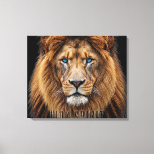 Majestic Lion Face with Blue Eyes   Wildlife Anima Canvas Print