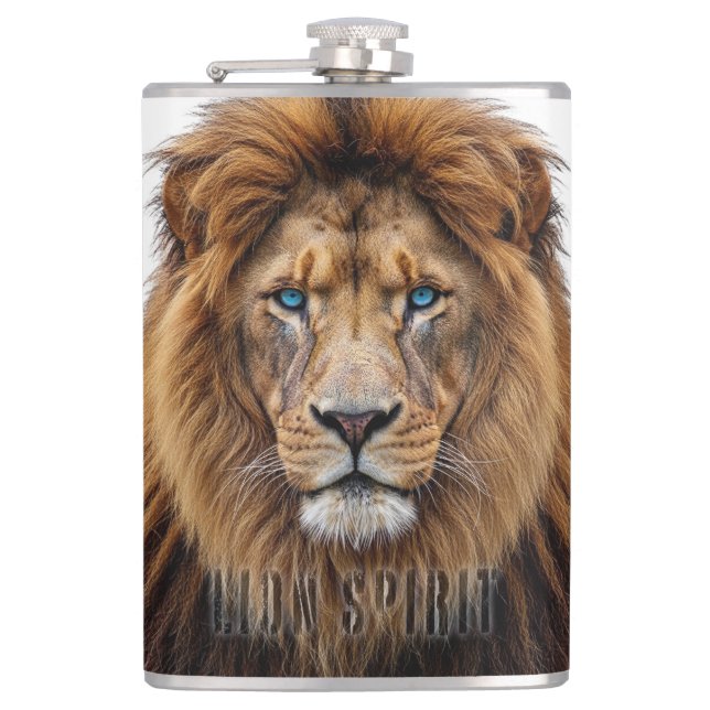 Majestic Lion Face with Blue Eyes | Wildlife Anima Hip Flask (Front)