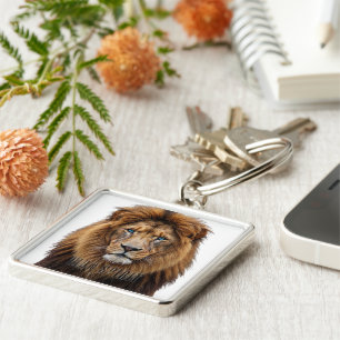 Majestic Lion Face with Blue Eyes Wildlife Anima Key Ring