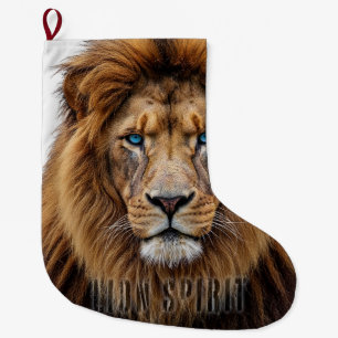 Majestic Lion Face with Blue Eyes   Wildlife Anima Large Christmas Stocking
