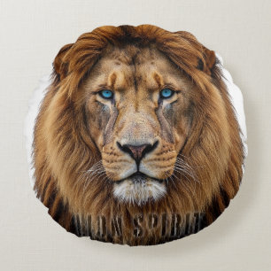 Majestic Lion Face with Blue Eyes   Wildlife Anima Round Cushion
