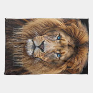 Majestic Lion Face with Blue Eyes Wildlife Anima Tea Towel