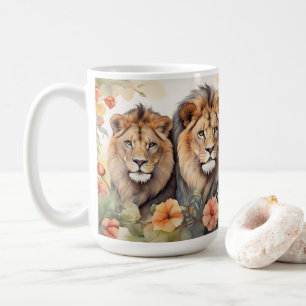 Majestic Lion & Floral Watercolor Art Print  Coffee Mug