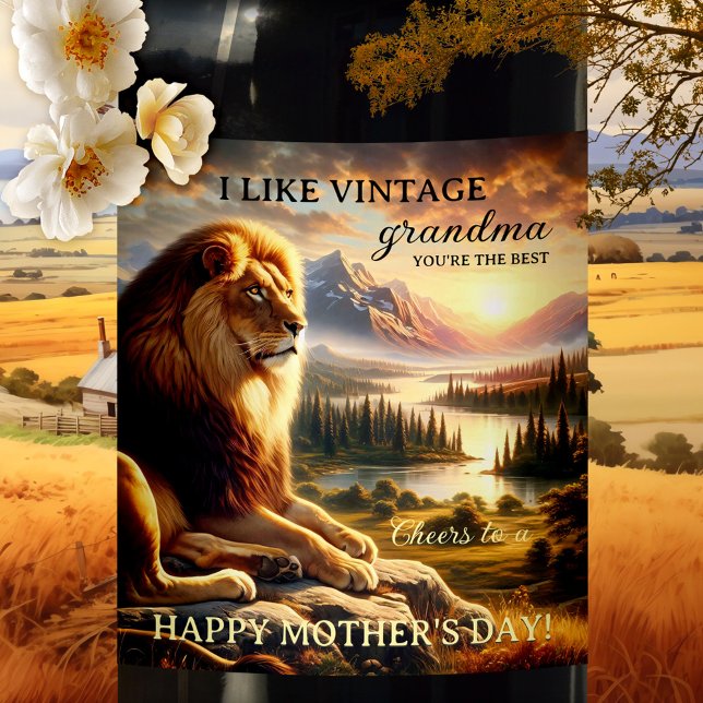 Majestic Lion Grandma Mother's Day Wine Label (Wine label featuring a majestic lion overlooking a beautiful landscape scene)
