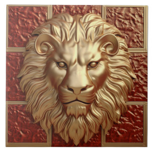 Majestic Lion Head with Golden Border Ceramic Tile