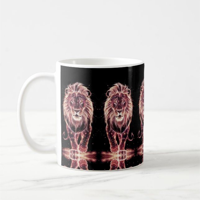 Majestic Lion in Glowing Wireframe Art Coffee Mug (Left)