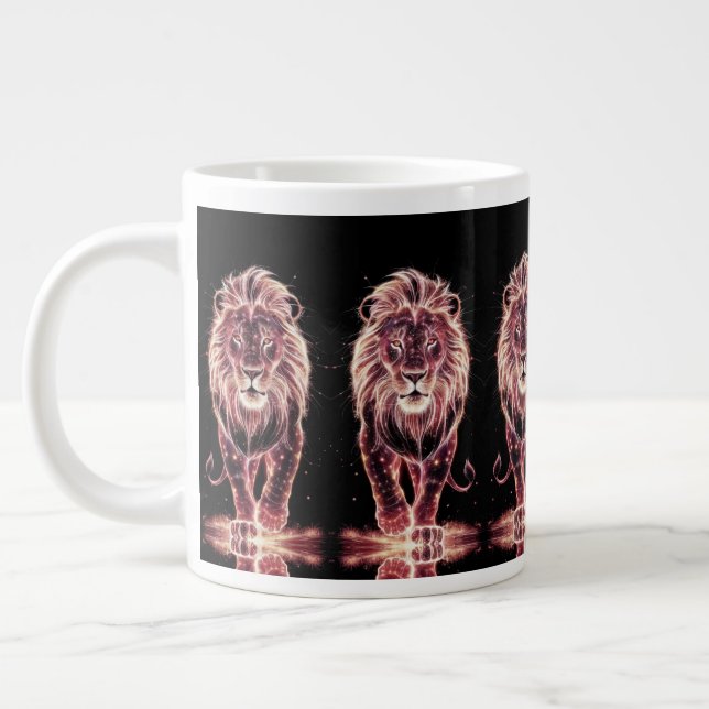 Majestic Lion in Glowing Wireframe Art Large Coffee Mug (Left)