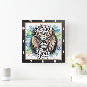 Majestic Lion Inspirational Faith Psalm 46:10 Square Wall Clock