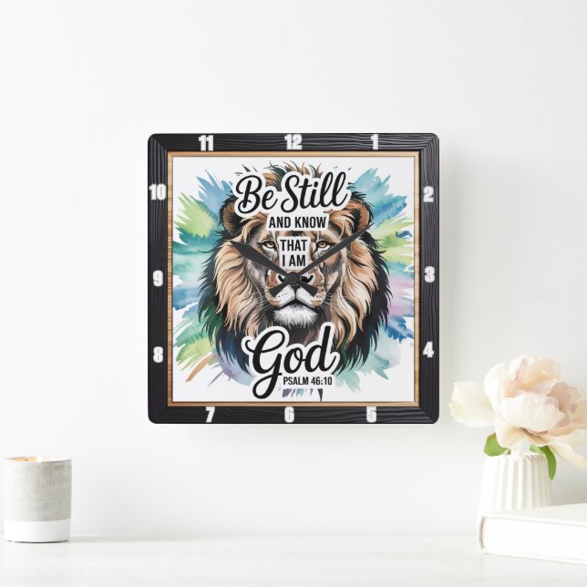 Majestic Lion Inspirational Faith Psalm 46:10 Square Wall Clock (Home)