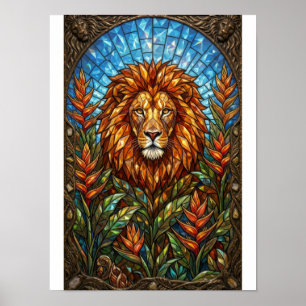 Majestic Lion Jeweled Stained Glass Animal Art Poster