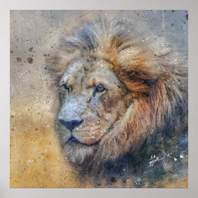 Majestic Lion Photography Modern Watercolor Poster (Front)
