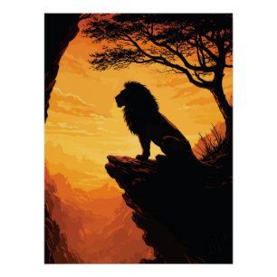 Majestic Lion Silhouette Sunset Cliff Tree Poster