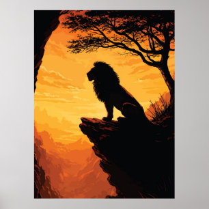 Majestic Lion Silhouette Sunset Cliff Tree Poster