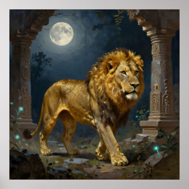 Majestic Lion Strolling under the Moonlight  Poster (Front)