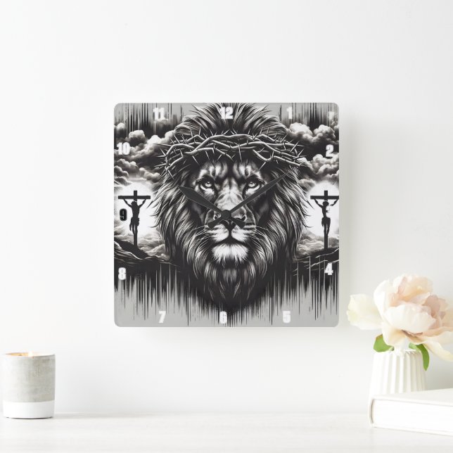 Majestic lion with a crown of thorns square wall clock (Home)
