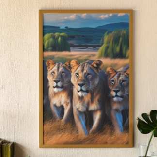 Majestic Lions Roaming Through Verdant Field Poster