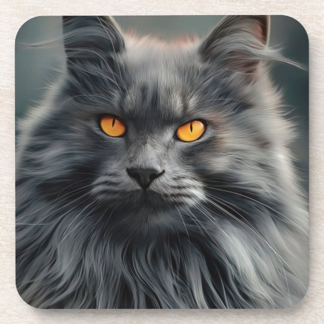 Majestic Long-Haired Cat Portrait Design Coaster (Front)