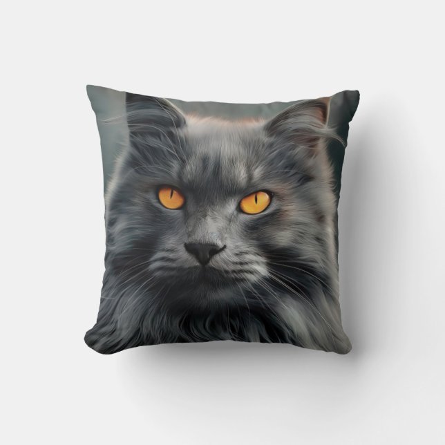 Majestic Long-Haired Cat Portrait Design Cushion (Front)